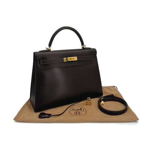 HERMES KELLY 32 SELLIER CHOCOLAT BOXCALF HAND SHOULDER BAG 2000 SQUARE D GOLD HARDWARE 90311267