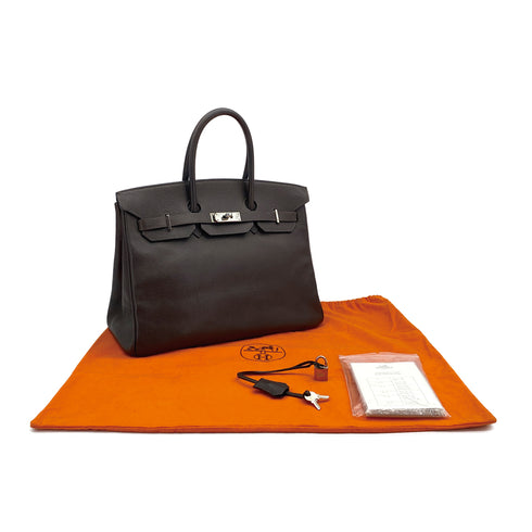 HERMES BIRKIN 35 CHOCOLAT VACHE LIEGEE HAND BAG 2006 SQUARE J PALLADIUM HARDWARE 90311825