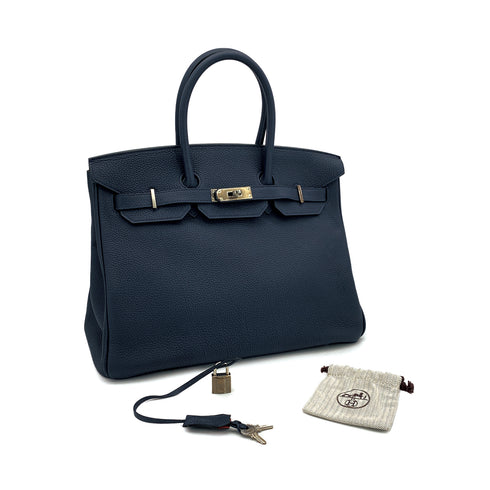 HERMES BIRKIN 35 VERSO BLUE NUIT ORANGE POPPY TOGO HAND BAG 2017 A PALLADIUM HARDWARE 90311827