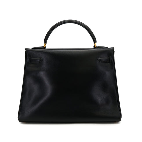 HERMES KELLY 32 RETORNE BLACK BOXCALF HAND BAG 1993 CIRCLE W GOLD HARDWARE 90318194