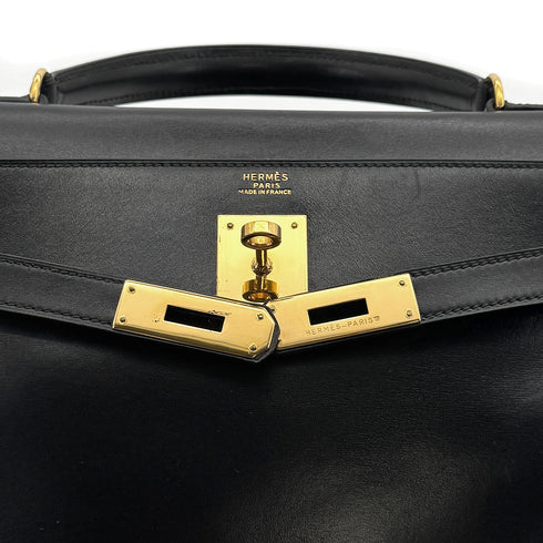 HERMES KELLY 32 RETORNE BLACK BOXCALF HAND BAG 1993 CIRCLE W GOLD HARDWARE 90318194