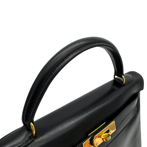 HERMES KELLY 32 RETORNE BLACK BOXCALF HAND BAG 1993 CIRCLE W GOLD HARDWARE 90318194