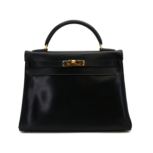 HERMES KELLY 32 RETORNE BLACK BOXCALF HAND BAG 1993 CIRCLE W GOLD HARDWARE 90318194