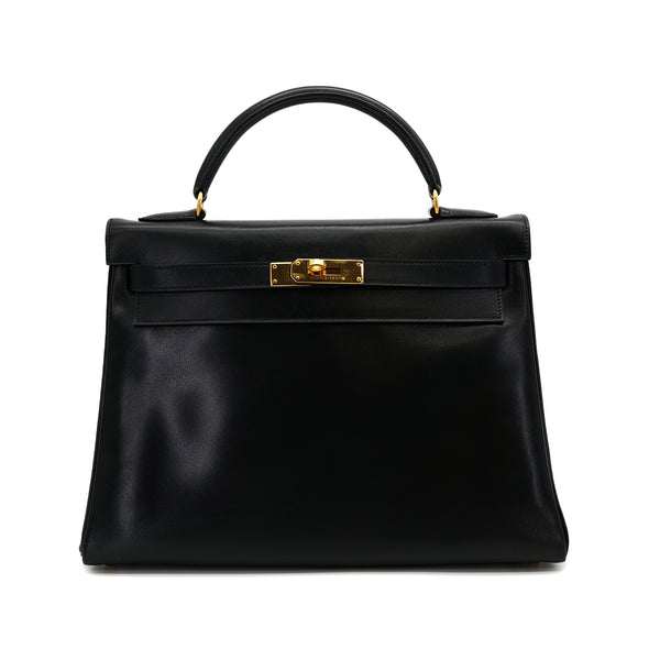 HERMES KELLY 32 RETORNE BLACK BOXCALF HAND BAG 1993 CIRCLE W GOLD HARDWARE 90318194