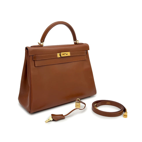 HERMES KELLY 32 RETORNE NOISETTE BOXCALF HAND SHOULDER BAG 2003 SQUARE G GOLD HARDWARE 90319581