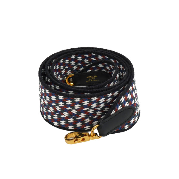 HERMES BANDOULIERE SANGLES ZIGZAG 50MM SHOULDER STRAP BLACK WHITE DEEP BLUE TOILE SWIFT 90334876