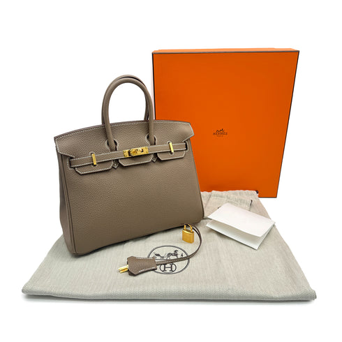 HERMES BIRKIN 25 ETOUPE TOGO HAND BAG 2026 G STAMP GOLD HARDWARE 90327183