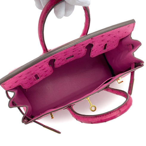 HERMES BIRKIN 25 FUCHSIA OSTRICH HAND BAG 2009 SQUARE M GOLD HARDWARE 90324625