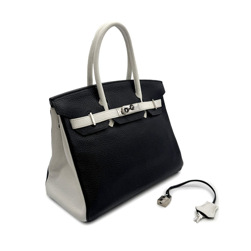 HERMES BIRKIN 30 BLACK WHITE TAURILLON CLEMENCE HAND BAG 2007 SQUARE K PALLADIUM HARDWARE 90315616