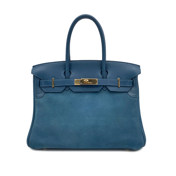 HERMES BIRKIN 30 BLUE THALASSA GRIZZLY DEBRIS HAND BAG 2012 SQUARE P GOLD HARDWARE 90319652