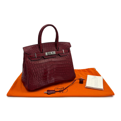 HERMES BIRKIN 30 BOURGOGNE CROCODILE NILOTICUS TOILE H HAND BAG 2001 SQUARE E PALLADIUM HARDWARE 90319996