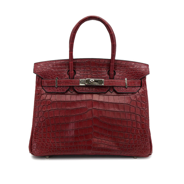HERMES BIRKIN 30 BOURGOGNE CROCODILE NILOTICUS TOILE H HAND BAG 2001 SQUARE E PALLADIUM HARDWARE 90319996