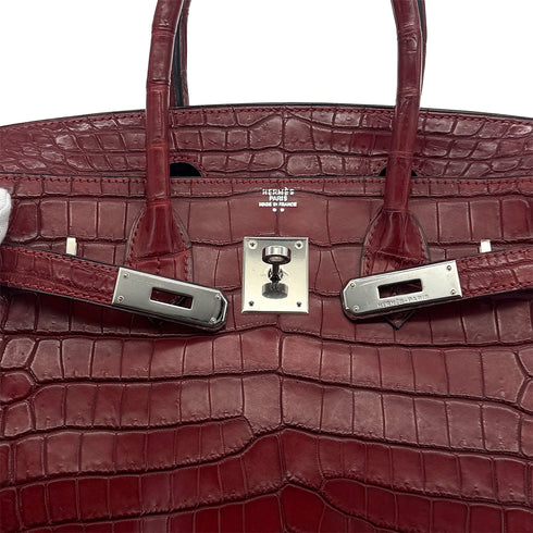 HERMES BIRKIN 30 BOURGOGNE CROCODILE NILOTICUS TOILE H HAND BAG 2001 SQUARE E PALLADIUM HARDWARE 90319996