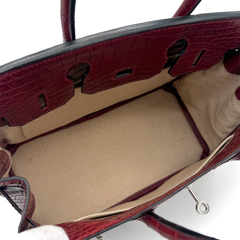 HERMES BIRKIN 30 BOURGOGNE CROCODILE NILOTICUS TOILE H HAND BAG 2001 SQUARE E PALLADIUM HARDWARE 90319996