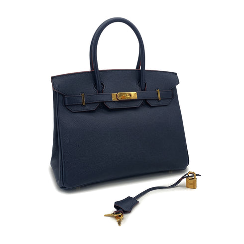 HERMES BIRKIN 30 CONTOUR BULUE INDIGO ROUGE H VEAU EPSOM HAND BAG 2017 A STAMP GOLD HARDWARE 90326203
