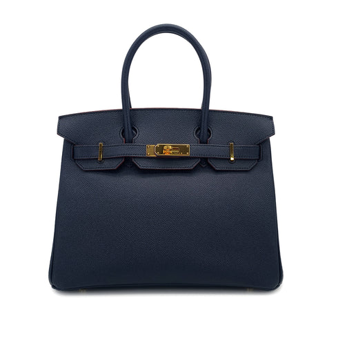 HERMES BIRKIN 30 CONTOUR BULUE INDIGO ROUGE H VEAU EPSOM HAND BAG 2017 A STAMP GOLD HARDWARE 90326203