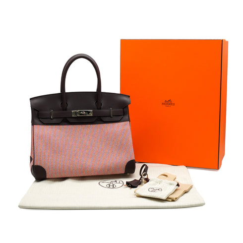 HERMES BIRKIN 30 ROUGE SELLE FRAMBOISE TOILE QUADRILLE VEAU SWIFT HAND BAG 2022 U STAMP SILVER HARDWARE 90348485