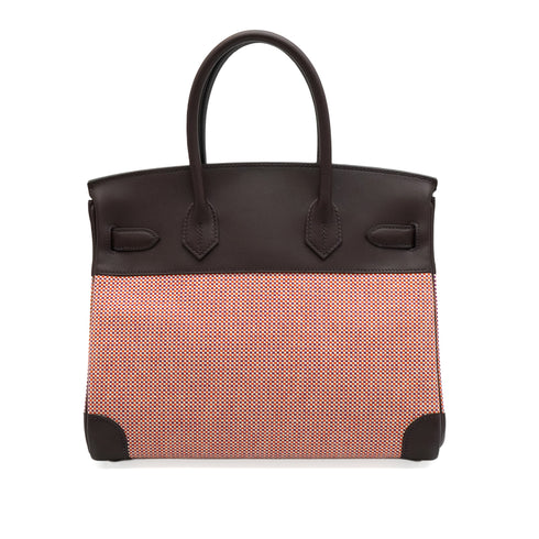 HERMES BIRKIN 30 ROUGE SELLE FRAMBOISE TOILE QUADRILLE VEAU SWIFT HAND BAG 2022 U STAMP SILVER HARDWARE 90348485