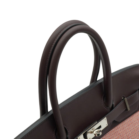 HERMES BIRKIN 30 ROUGE SELLE FRAMBOISE TOILE QUADRILLE VEAU SWIFT HAND BAG 2022 U STAMP SILVER HARDWARE 90348485