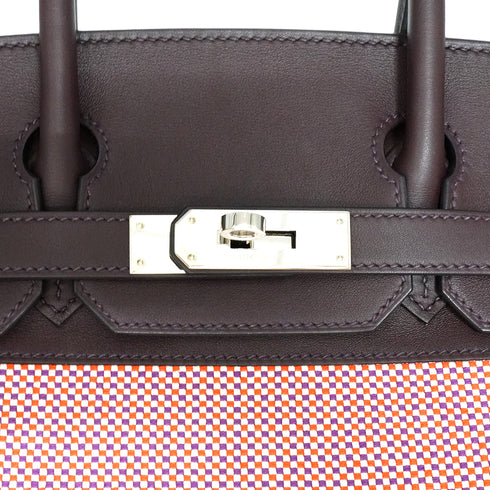 HERMES BIRKIN 30 ROUGE SELLE FRAMBOISE TOILE QUADRILLE VEAU SWIFT HAND BAG 2022 U STAMP SILVER HARDWARE 90348485