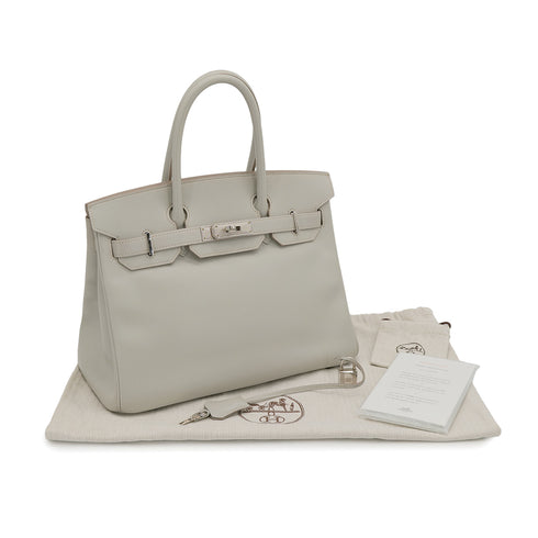 HERMES BIRKIN 30 GRIS PERLE VEAU TADELAKT HAND BAG 2014 SQUARE R GUILLOCHE HARDWARE 90322785
