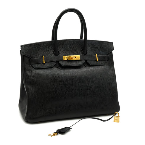 HERMES BIRKIN 35 BLACK ARDENNES HAND BAG 2002 SQUARE F GOLD HARDWARE 90328122