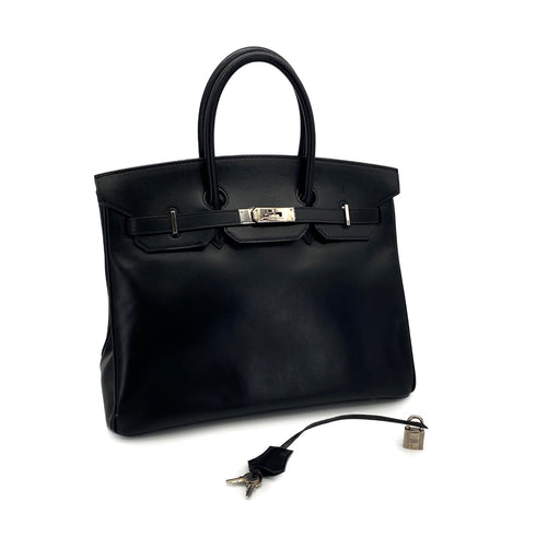 HERMES BIRKIN 35 BLACK BOXCALF HAND BAG 2002 SQUARE F PALLADIUM HARDWARE 90323080