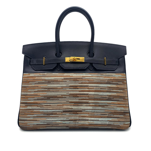 HERMES BIRKIN 35 BLUE INDIGO MULTICOLOR BOX CALF VIBRATO HAND BAG 2005 SQUARE I GOLD HARDWARE 90325604