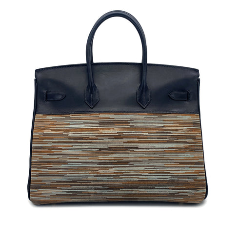 HERMES BIRKIN 35 BLUE INDIGO MULTICOLOR BOX CALF VIBRATO HAND BAG 2005 SQUARE I GOLD HARDWARE 90325604