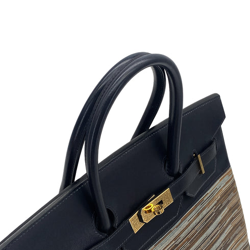 HERMES BIRKIN 35 BLUE INDIGO MULTICOLOR BOX CALF VIBRATO HAND BAG 2005 SQUARE I GOLD HARDWARE 90325604