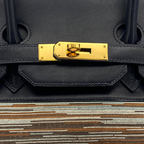 HERMES BIRKIN 35 BLUE INDIGO MULTICOLOR BOX CALF VIBRATO HAND BAG 2005 SQUARE I GOLD HARDWARE 90325604