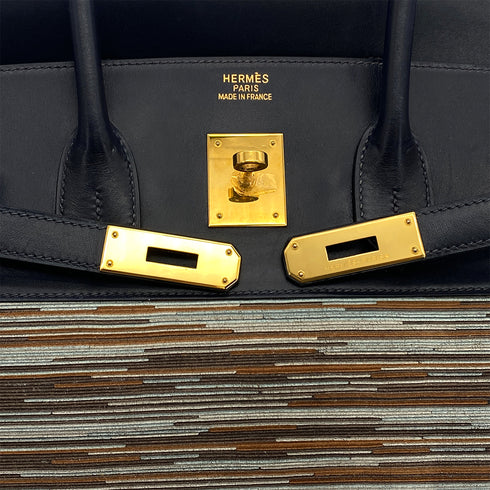 HERMES BIRKIN 35 BLUE INDIGO MULTICOLOR BOX CALF VIBRATO HAND BAG 2005 SQUARE I GOLD HARDWARE 90325604