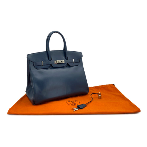 HERMES BIRKIN 35 NAVY BOX CALF HAND BAG 2001 SQUARE E PALLADIUM HARDWARE 90324143