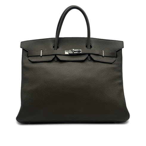 HERMES BIRKIN 40 VERT OLIVE TAURILLON CLEMENCE HAND BAG 2002 SQUARE F PALLADIUM HARDWARE 90315869