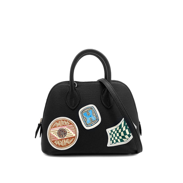 HERMES BOLIDE 1923 MINI 18 PIQUE COLL 100TH ANNIVERSARY EDITION HAND SHOULDER BAG BLACK CHEVRE MYSORE VEAU SWIFT 2024 W STAMP PALLADIUM HARDWARE 90317608