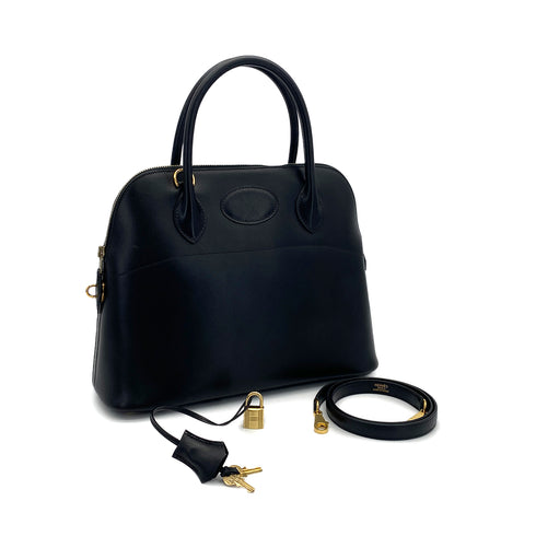 HERMES BOLIDE 31 BLACK BOXCALF HAND SHOULDER BAG 2002 SQUARE F GOLD HARDWARE 90320998