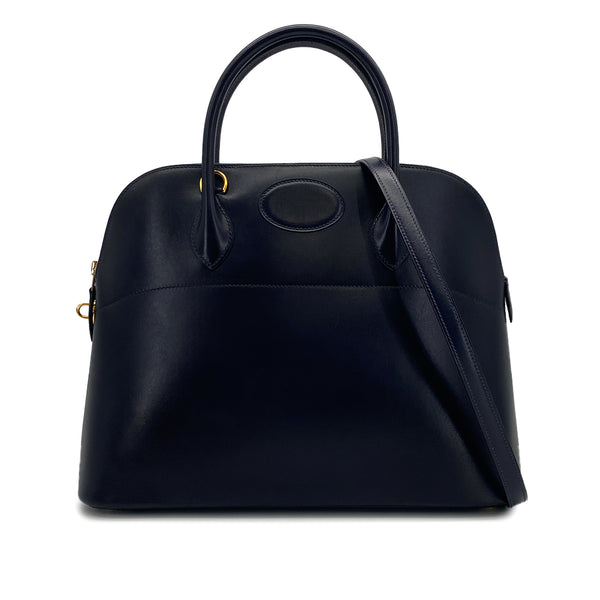 HERMES BOLIDE 35 BLUE INDIGO BOXCALF HAND SHOULDER BAG 1999 SQUARE C GOLD HARDWARE 90322167