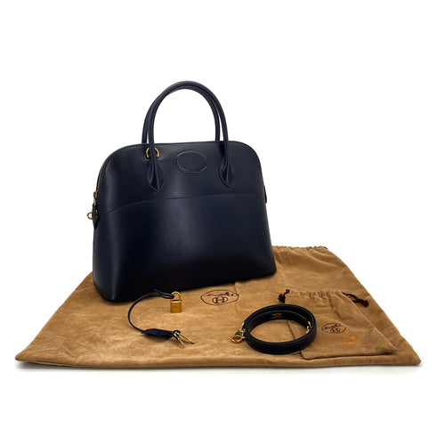 HERMES BOLIDE 35 BLUE INDIGO BOXCALF HAND SHOULDER BAG 1999 SQUARE C GOLD HARDWARE 90322167