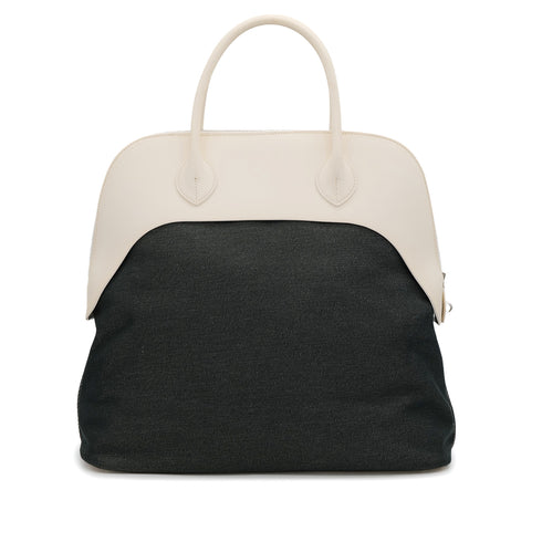 HERMES BOLIDE PADDOCK 40 WHITE TOILE JEAN VACHE HUNTER HAND BAG 2016 X STAMP PALLADIUM HARDWARE 90322529