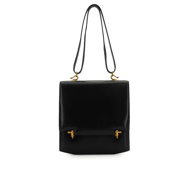 HERMES CAMARGUE BOX CALF BLACK SHOULDER BAG 1991 CIRCLE U GOLD HARDWARE 90349833