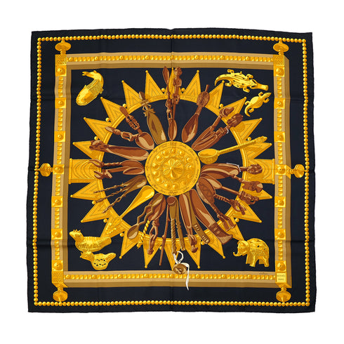 HERMES CARRE 90 CUILLERS D‘AFRIQUE SCARF SILK BLACK YELLOW SILK 90324151
