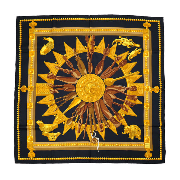 HERMES CARRE 90 CUILLERS D‘AFRIQUE SCARF SILK BLACK YELLOW SILK 90324151