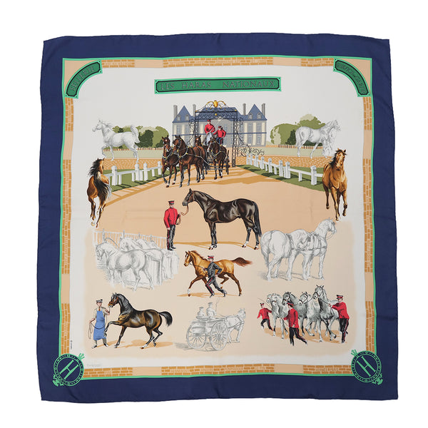 HERMES CARRE 90 LES HARAS NATIONAUX SCARF SILK NAVY MULTICOLOR SILK 90325370
