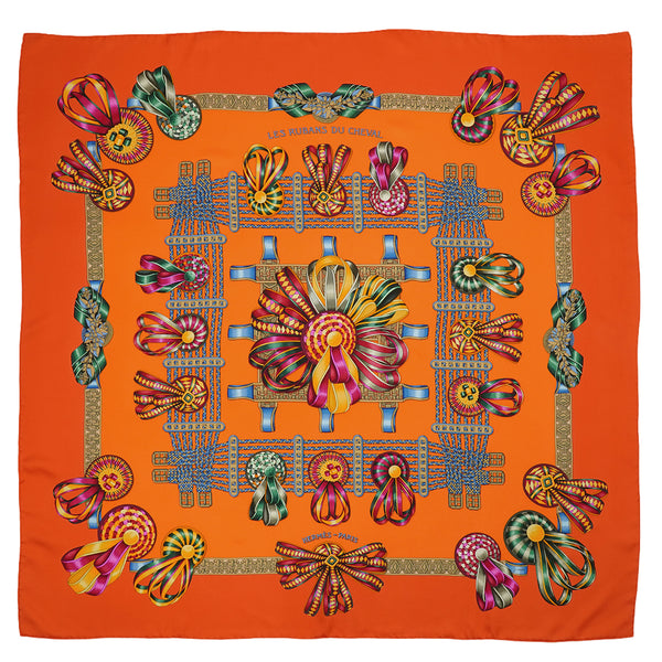 HERMES CARRE 90 SCARF LES RUBANS DU CHEVAL ORANGE MULTICOLOR SILK 90347780