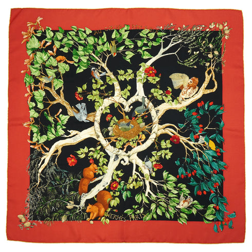 HERMES CARRE 90 SCARF AU COEUR DES BOIS RED SILK 90345089