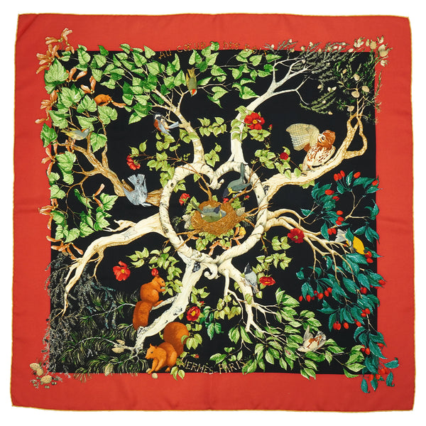 HERMES CARRE 90 SCARF AU COEUR DES BOIS RED SILK 90345089