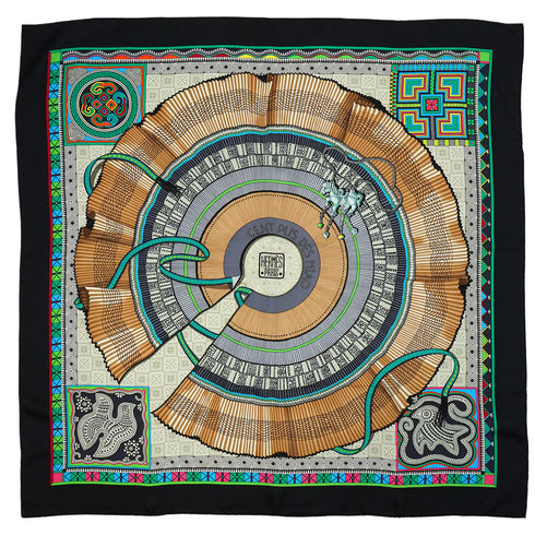 HERMES CARRE 90 SCARF CENT PLIS DES MIAO BLACK SILK 90345078