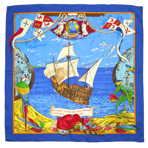 HERMES CARRE 90 SCARF CHRISTOPHE COLOMB BLUE MULTICOLOR SILK 90345088