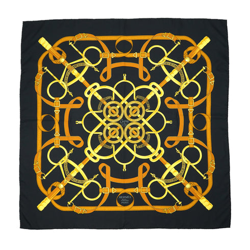 HERMES CARRE 90 SCARF EPERON D'OR BLACK GOLD SILK 90326709