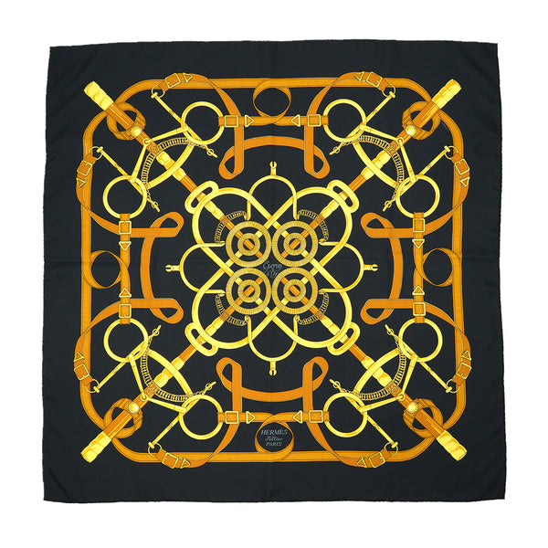 HERMES CARRE 90 SCARF EPERON D'OR BLACK GOLD SILK 90326709